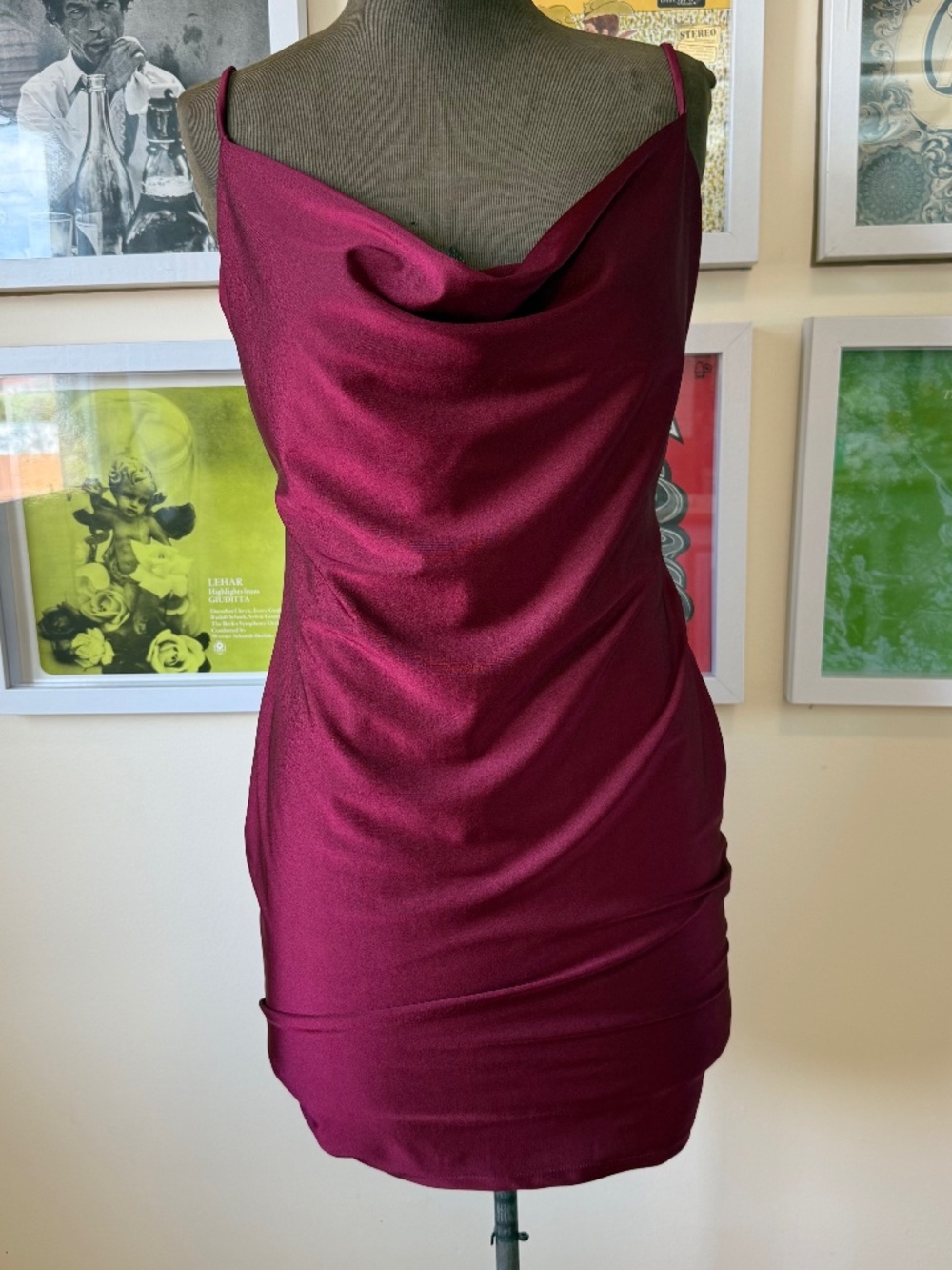 Y2K BURGUNDY SATIN COWL NECK MINI DRESS – 2000s PARTY GIRL SLIP DRESS